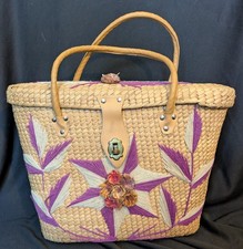 Vintage Straw Woven Rattan Tote Purse Bag w 3D Flowers Turn Lock