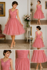 Vintage 1950s True Pink Party Dress Tea Length Chiffon ILGWU Full Skirt