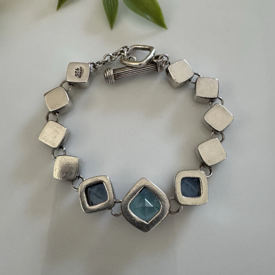 Brazalete Lori Bonn Plata Esterlina Topacio Azul Piedra Eslabón Palanca Tamaño 6-3/4" Foto 2 de 4