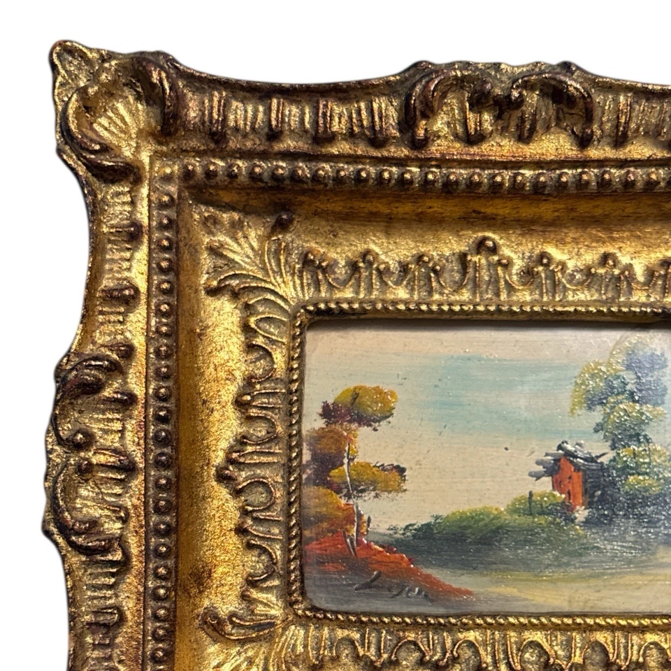 Pintura al óleo de paisaje italiano en miniatura marco dorado -firmado aire acondicionado - Hecho en Italia Foto 3 de 4