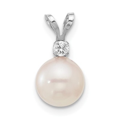 Anhänger 14 Karat Weißgold 7-8 mm weiße runde Akoya-Zuchtperlen & 0,05 Karat Diamant