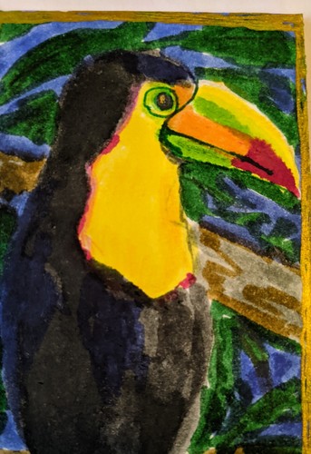 ACEO Original watercolor Painting  markers Signed Bright Toucan markers 