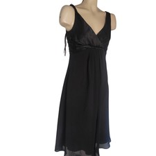 Black Satin and Chiffon Ruched V-Neck Cocktail Dress Sleeveless Formal LBD