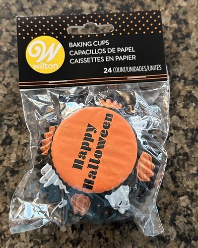 Happy Halloween Ghost Pumpkin 24 Baking Cups Cupcake Liners Wilton Black Orange - Picture 2 of 3