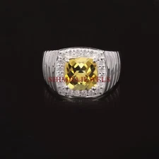 Natural Lemon Quartz Gemstone With 14K White Gold Plated Silver Men's Ring #1357