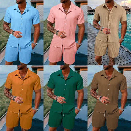 Conjunto de 2 trajes informales de manga corta y pantalones cortos de verano para hombre❤ - Imagen 4 de 23