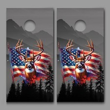 Buck Deer American Flag Mountains Cornhole Board Decal Wraps
