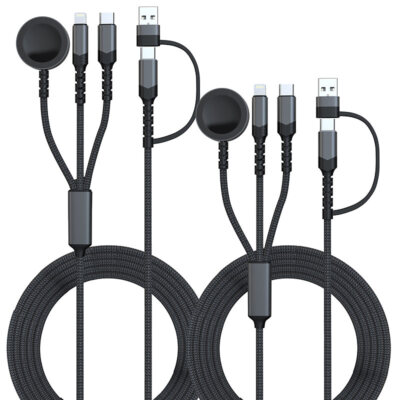 Callstel 2er-Set 6in1-Octopus-Ladekabel für Apple Watch & iPhone, 60 W, 200 cm