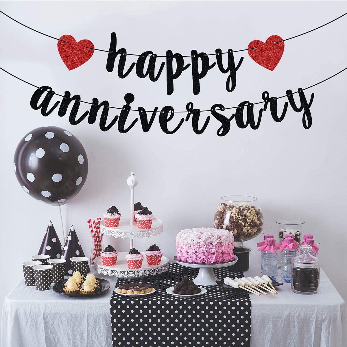 Happy Anniversary Banner – Jubiläumsdekoration Mit Goldenem Glitzer & Roten Herzen