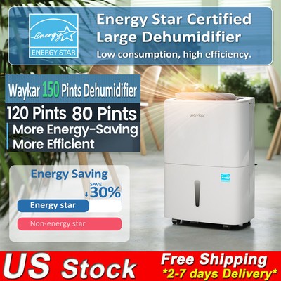 Waykar 80/120/150 Pint Dehumidifier for Rooms, Basement,Bathroom,Ultra-Quiet NEW