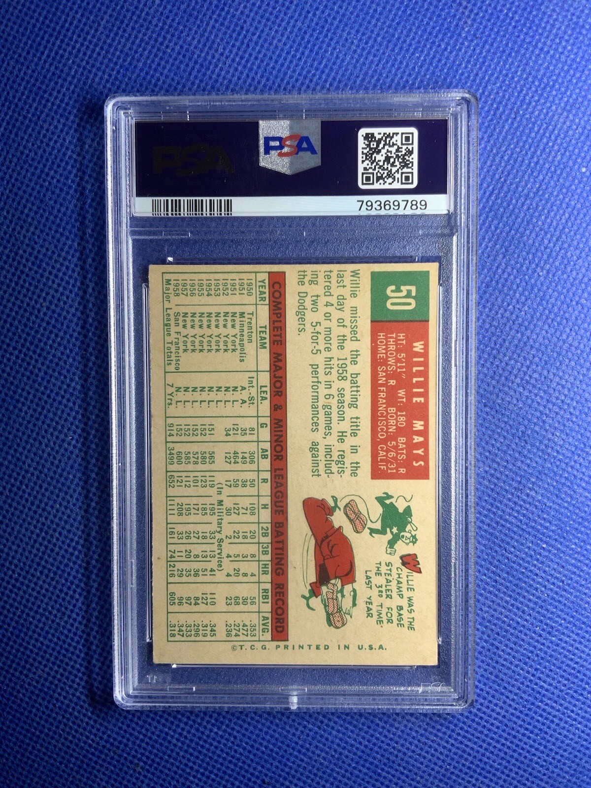 1959 TOPPS BASEBALL #50 WILLIE MAYS PSA 5 EX HOF view 2