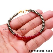 Natural July Birthstone Ruby Corundum+Pyrite Rondelle Gemstone Bracelet 7