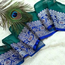 Vintage blauer Sari Bordüre gewebt Banarasi 1 Yard Borte Handarbeit Nähen rec...