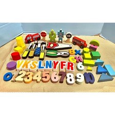 Misc wooden blocks shapes letters numbers colors 55 pcs