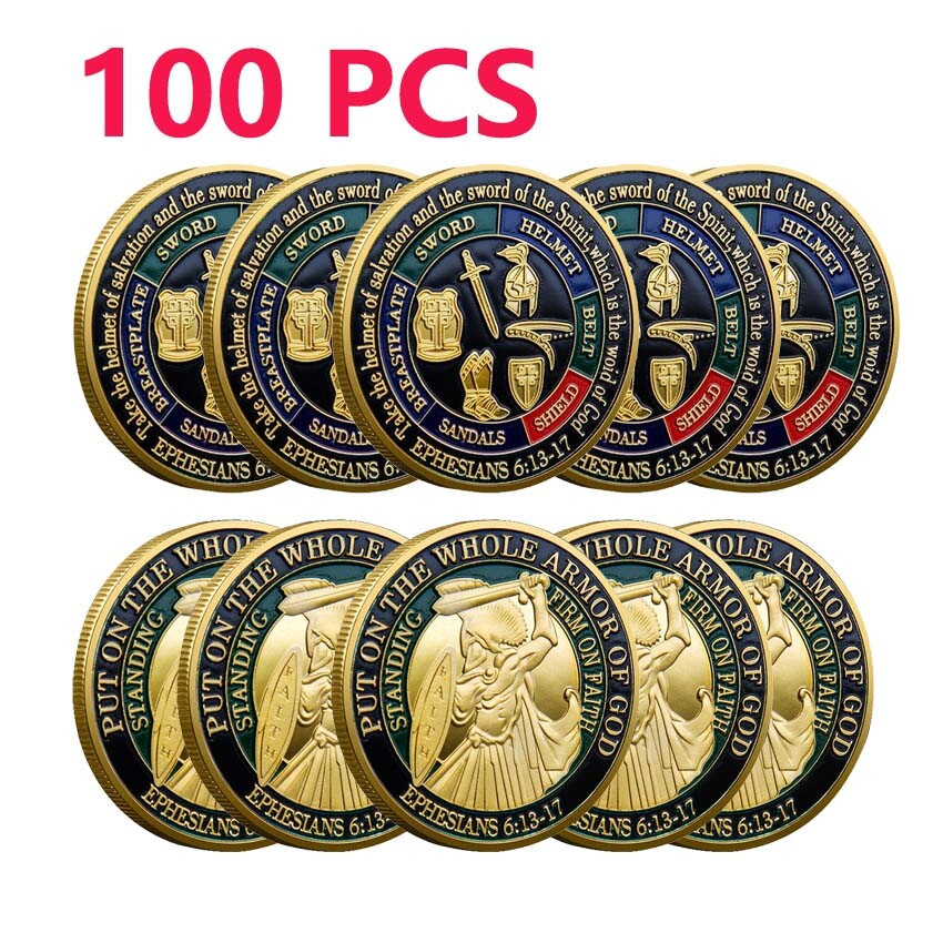 100PCS Gold Commemorative Put On The Whole Armor of God Crafts Challenge Coin