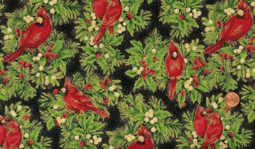 CLEARANCE - 'HOLIDAY DAZZLE' REDBIRDS & GREENS ON BLACK CHRISTMAS FABRIC