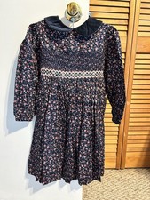 Vintage Girls Holiday Smocked Navy Blue Long Sleeve Velvet Collar Dress With Bow