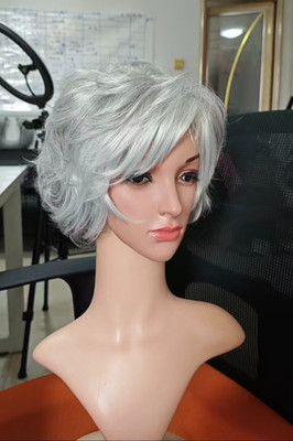 Grandma Wig Granny Wig Old Lady Wig Short Silver Gray Layered Pixie Cut Wig Bang