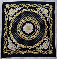 SCARF VINTAGE AUTHENTIC BAROQUE FLORAL ART DAISIES CHAINS BLUE YELLOW 31"SQUARE