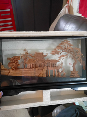 Chinese Handmade Framed Hand Carved Wooden Cork Shadow Box Pagoda/Temple & Tree