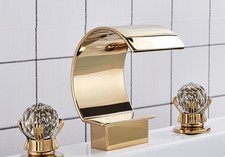 Gold Waterfall Bathroom Faucet 3 Hole Widespread Crystal Handles Brass Mixer Tap