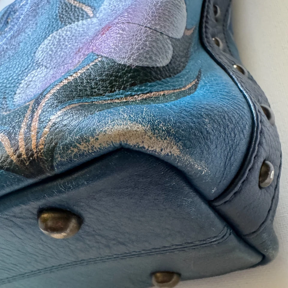 Anna Anuschka Denim Paisley Floral Cuero Hobo Bolso Cartera Bolso de Mano Azul Pavo Real Foto 4 de 4