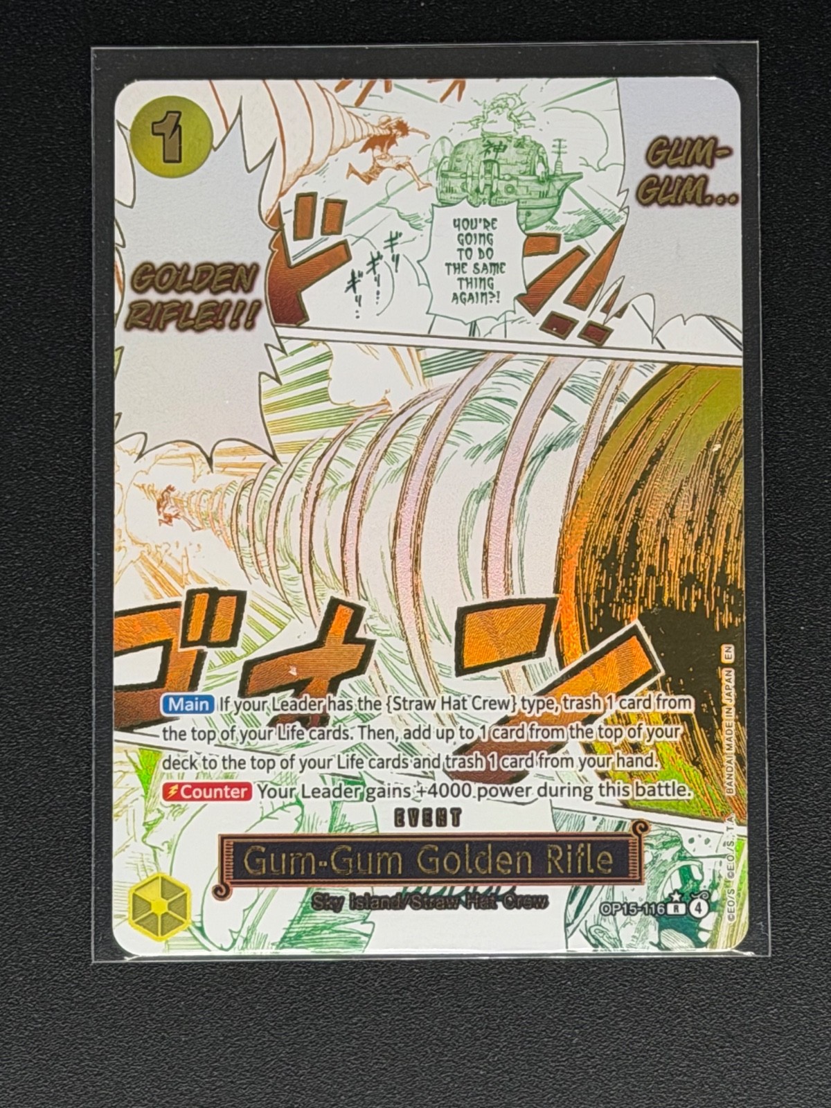 Rifle dorado Bandai de una pieza goma-goma OP15-116 Sky Island arte antiguo holograma raro