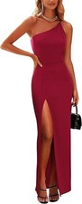 Red One Shoulder Maxi Dress Women High Slit Bodycon Evening Party Gown Elegant