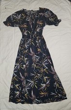 Women's Navy Floral Maxi Dress Puff Sleeve Ruffle Elastic Waist Round Neck