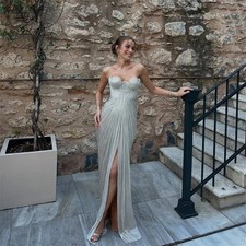 Shiny Mermaid Evening Dress Off Shoulder Pleats Slit Backless Prom Party Gowns