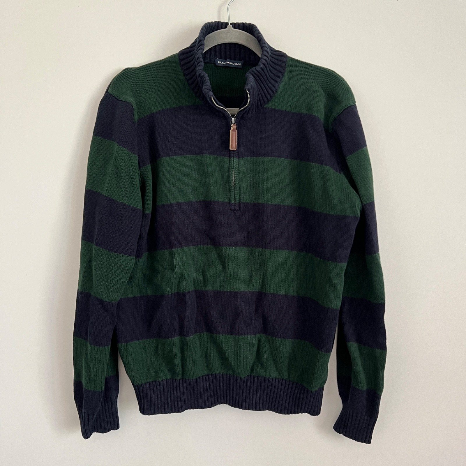 Brandy Melville Navy Blue and Green Striped Quarter Zip Cotton Sweater