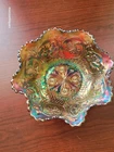 Fenton Carnival Glass Green Dragon & Lotus Pattern Ruffled Bowl Spatula Feet