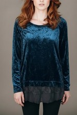 Karen Kane Teal Crushed Velvet Tunic Witchy Goth Lace Hem Long Sleeve Top Size L