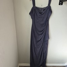 Alex Evenings Sz 12 GrayCold Shoulder Glitter Mesh Dress Draped Skirt Cowl Neck