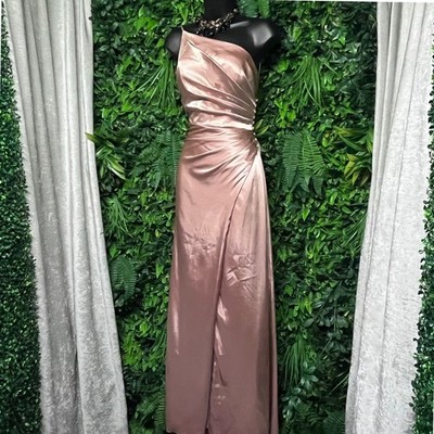 Galina Signature Dress  Size 6 Gold Satin One Shoulder Ruched Formal Gown 4016