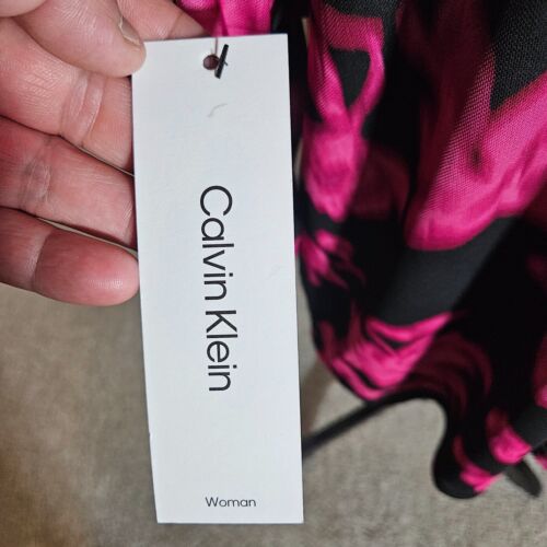 NWT Calvin Klein Top Women 3X Blur Floral Print Preppy Neck Black Pink Stretch - Picture 5 of 15