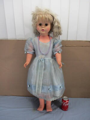 Vintage  UNEEDA  34'' Little Girl Doll Blonde Hair Green Eyes & Blue Dress