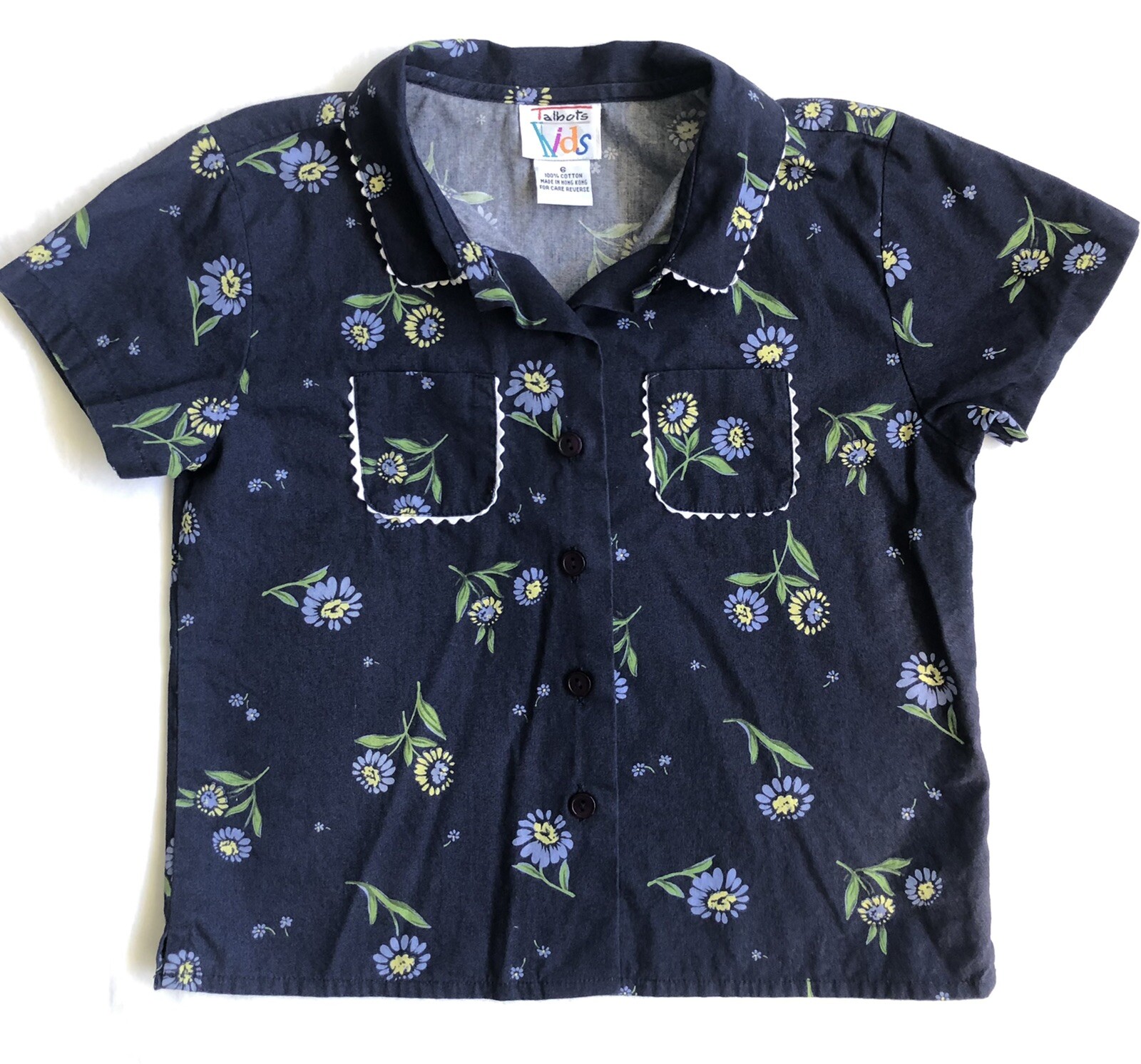 Girls Blouse Talbots Kids Size 6 100% Cotton Navy Flowers with Pockets ...