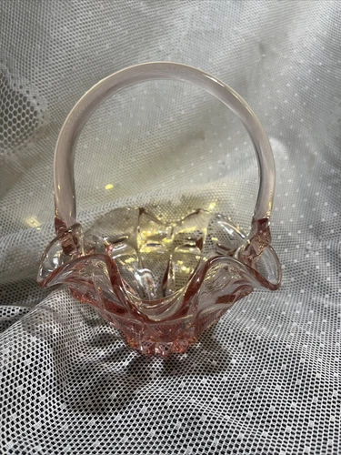 Vintage Fenton Marked 6 3/4" Pink Elegant Art Glass Basket Easter Strawberry