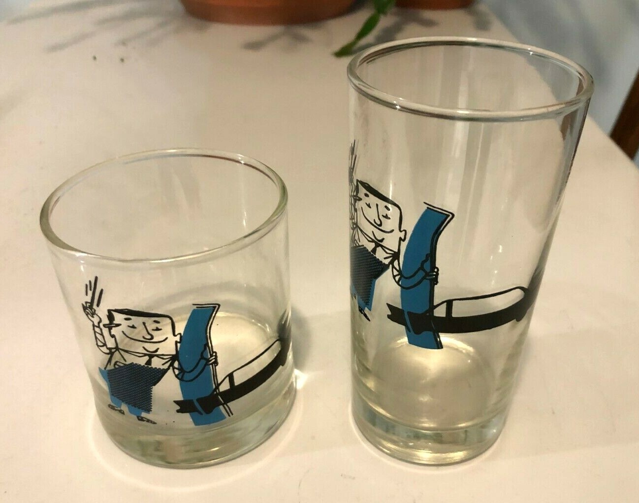 Vintage Mid Century Auto Glass Man, Water & Highball Glasses Lot of 2