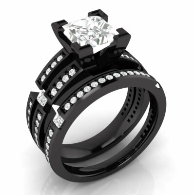 2.50Ct Princess Cut Moissanite Wedding Bridal Ring Set 14k Black Gold Plated