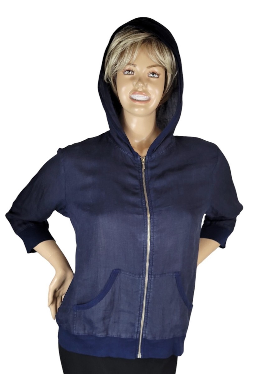 Russ Berens Malibu Navy Blue 100% Linen Zip Front Jacket Hoodie