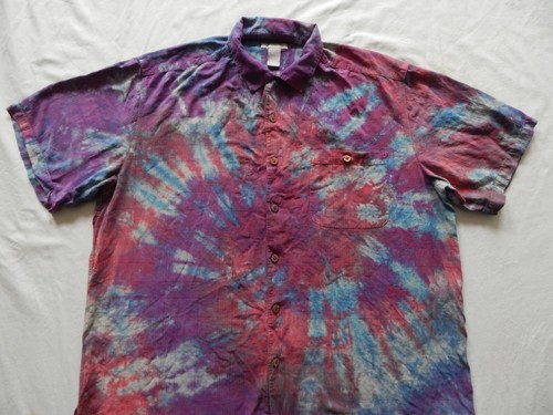 Silk Tie Dye Purple Blue Short Sleeve Button Up Shirt - 2XLT Hand Made Tall 2XL - Picture 4 of 5