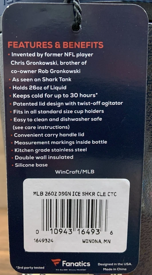 CLEVELAND GUARDIANS 26oz STAINLESS STEEL ICE SHAKER BOTTLE W/HANDLE WINCRAFT - Image 4 of 4