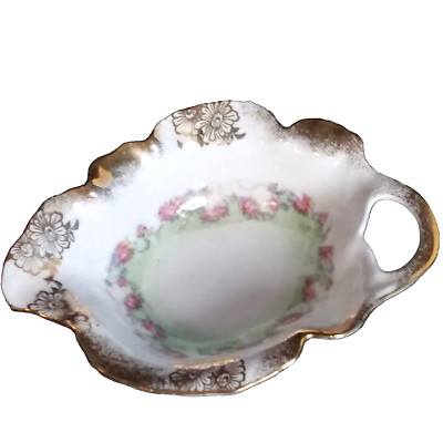 Vintage Hand-painted Leaf Shape Porcelain Candy Dish Trinket w Handle EUC