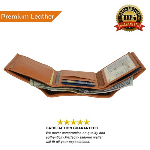 Leatherboss Leather Kids Boys Slim Compact ID Coin Pocket Trifold Wallet, Tan - Picture 6 of 7