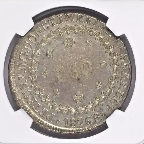 1826R BRASIL PEDRO I 960 REIS STRUCK OVER ARGENTINA 8 R/S NGC AU DETAILS