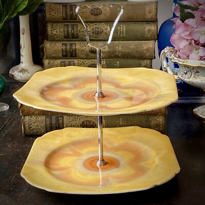 Art Deco SHELLEY ''Harmony'' Kuchenständer Platte orange Tropfglasur orange Vintage sehr guter Zustand