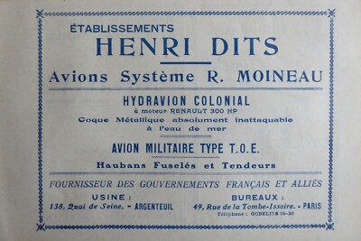 3/1923 PUB HENRI DITS FLUGZEUG RENE SPATZ WASSERFLUGZEUG WASSERFLUGZEUG ORIGINAL ANZEIGE