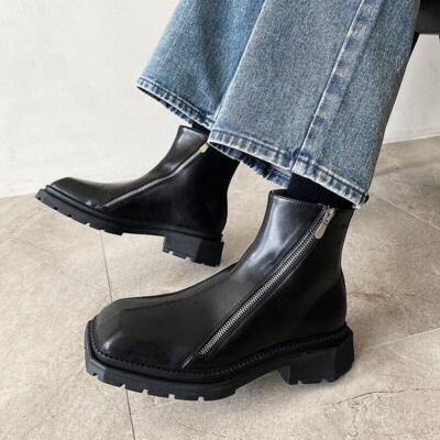Men's Punk Two Zipper Square Toe Thick Heel Chelsea Ankle Boots Motorcycle Shoes